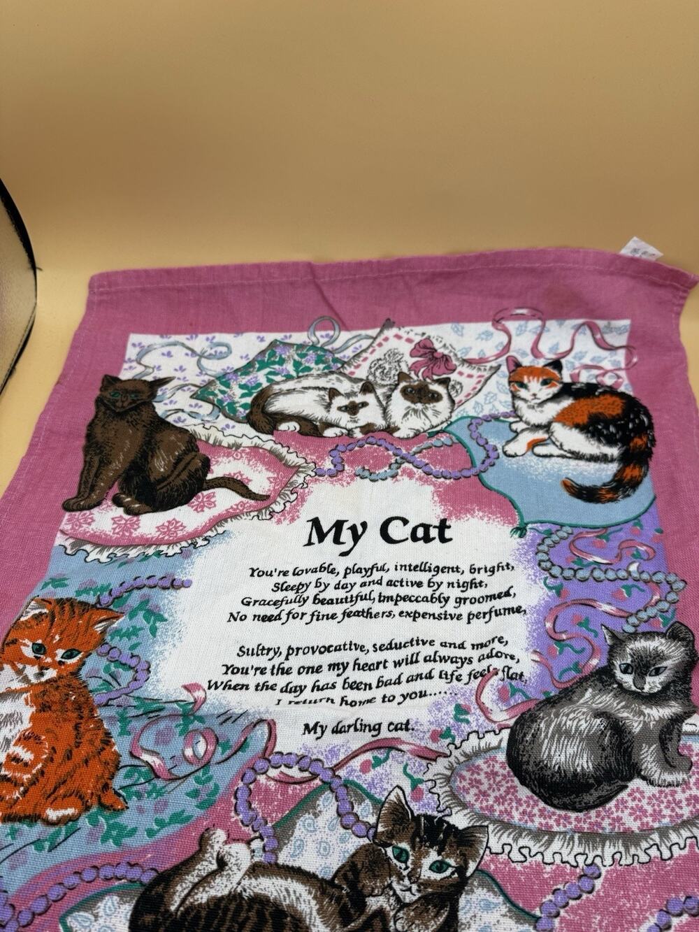 Vintage Pink Cat Kitchen Towel My Cat Poem Cotton Tea Towel 17x27